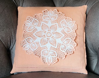 Adopt-a-Doily Linen Rescue - Repurposed Vintage Linens, Rescued Fabrics - Throw Pillow Cover - Reimagined - Doily - Peach-Coral - snowflake