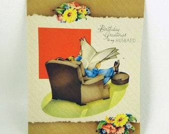 Vintage Unused Happy Birthday Husband Card - 1940s - NOS - Newspaper reading - easy chair - Unsigned - USA - weird dad - midcentury dad card