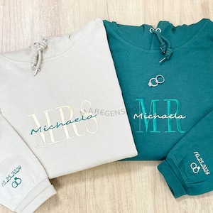 Custom Mrs. Embroidered Sweatshirt Hoodie Date On Sleeve, Gift For Bride, Future Mrs. and Mr. Hoodie, Engagement Gift, Bride To Be Gift