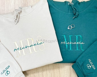 Custom Mrs. Embroidered Sweatshirt Hoodie Date On Sleeve, Gift For Bride, Future Mrs. and Mr. Hoodie, Engagement Gift, Bride To Be Gift