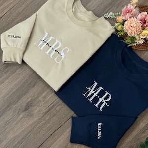 Custom Mrs Embroidered Sweatshirt Hoodie, Date On Sleeve, Hubby Wifey, Gift For Bride, Future Mrs and Mr Hoodie, Engagement Gift Bride To Be