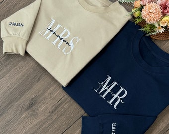 Custom Mrs Embroidered Sweatshirt Hoodie, Date On Sleeve, Hubby Wifey, Gift For Bride, Future Mrs and Mr Hoodie, Engagement Gift Bride To Be