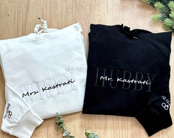 Personalized Couples Embroidered Hoodie Sweatshirt, Matching Wifey Hubby Sweatshirt, New Wife Crewneck, New Couples Gift, Bridal Shower Gift
