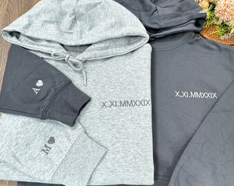Custom Embroidered Roman Numeral Hoodie - Couples Gift - Personalized Gift Date Hoodie Initial on Sleeve - Engagements, 1st Anniversary gift