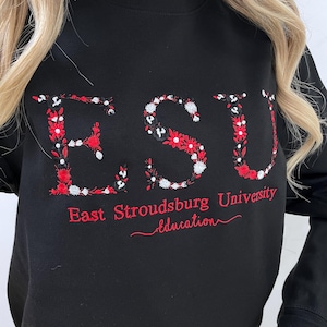 ESU Custom College Floral Embroidered Sweatshirt, Floral Letter Embroidered Hoodie, College University High School Crewneck, Graduation Gift