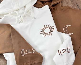 Custom Sun & Moon Embroidered Matching Couple Hoodie Sweatshirt, Valentine's Day and 1st Anniversary Gift for Husband