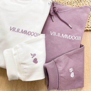 Custom Embroidered Roman Numeral Matching Hoodie, Anniversary Date Couple Hoodies, Custom Initials With Heart Sleeve Jumper, Boyfriend Gift