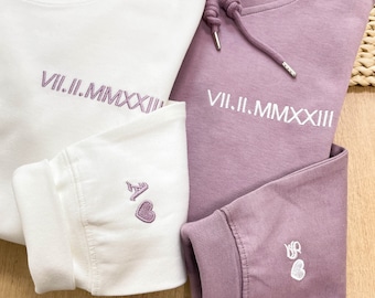 Custom Embroidered Roman Numeral Matching Hoodie, Anniversary Date Couple Hoodies, Custom Initials With Heart Sleeve Jumper, Boyfriend Gift