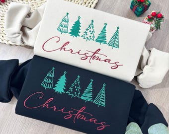 Christmas Tree Embroidered Sweatshirt, Christmas Sweatshirt Embroidered Sweater, Christmas Embroidery Crewneck Sweatshirt for Women Gift