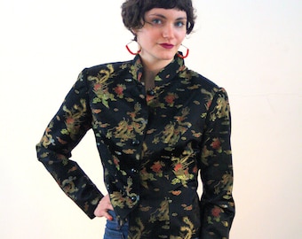 Hai Chen, 90s Asian Jacket S, Black Silk Chinese Top, Gold Dragons Brocade Jacket, Silk Jacquard Jacket, Cheongsam Style Vintage Top, Small