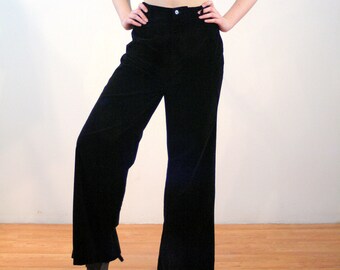 Wendi, 70s Black Velvet Pants M 28, Vintage Velveteen Pants, Cotton Velvet Trousers, Wide Leg Velvet Bellbottoms, Medium, 28 Waist 30 Inseam