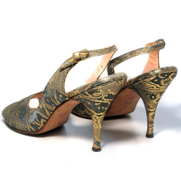 50s Saks 5th Ave Metallic Stilettos 8 or 8.5, Vintage Gold Green Iridescent Shoes, Retro 1950s "Pacelle" Brocade Heels, Women's US 8-1/2