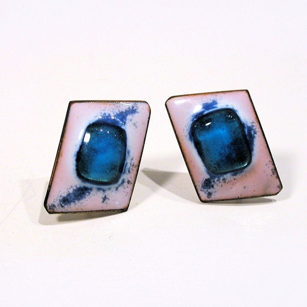 60s Kay Denning Earrings, Blue White Enamel Glass Geometric Copper Screw Back Vintage Artisan Jewelry