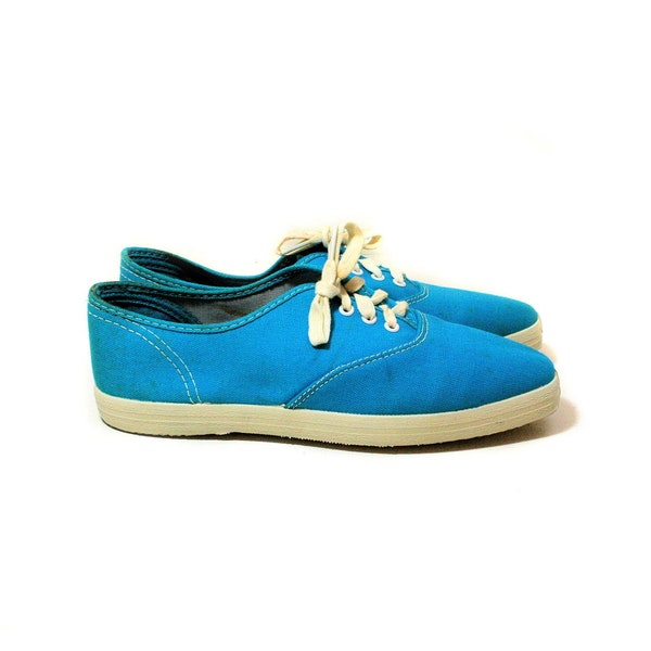 60s NOS Blue Sneakers 6, 6-1/2, Vintage Turquoise Canvas Keds Style "Isis" Mid Century Women's Deadstock Tennis Shoes, 6.5