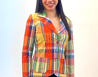 70s Madras Jacket XS, Vintage Colorful Yellow Orange Mod Retro Seersucker Plaid Pointy Collar Handmade 1970s Women&#39;s Blazer, Extra Small