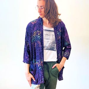 90s Batik Jacket M, Vintage Purple Indonesia Bali Rayon Tie Dye "Synchronicity" Open Blazer, Medium