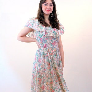 70s &quot;Lanz&quot; Floral Maxi Dress M, Vintage Pastel Pink Green Beige Ruffled Romantic Gauzy Long Boho Summer Peasant Gown, Medium