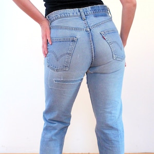 80s Levi&#39;s 505 Blue Jeans 30 x 33, Vintage Distressed Patched Cotton Straight Leg Light Wash Unisex Denim Workwear Pants, Small Medium