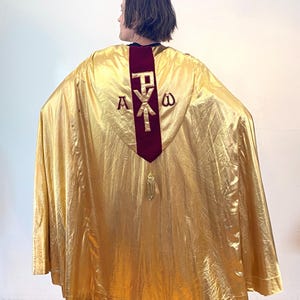 70s Catholic Liturgical Cope, Vintage Gold Metallic Red Velvet Chi-Ro Regal Renn Faire Cape Clergy Vestment Cloak, One Size Fits All