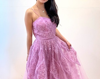 50s Lavender Lace Tulle Gown XS, Vintage Cupcake Princess Strapless Prom Dress, Extra Small