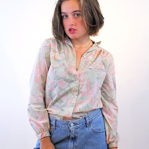 70s Brushstroke Print Blouse S, Vintage Pastel Pink Green Semi Sheer "Fem-E-Nits" 1970s Retro Button Up Shirt, Small