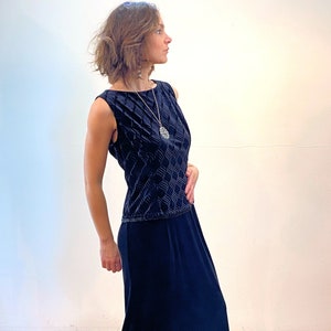 90s Scott McClintock Velvet Dress L, Vintage Black Devore Velvet Beaded Trim Elegant Long Slim Sleeveless Flattering Evening Gown, Large