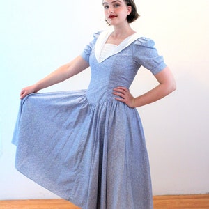 80s Sailor Dress S, Vintage Blue Floral Ditsy Print Puff Sleeve Cotton Cottagecore Prairie Twee Midi Dress, Small