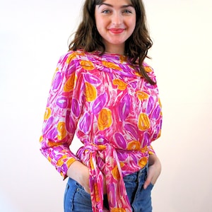 80s Designer &quot;Kanga Collection&quot; Blouse M L, Vintage Pink Yellow Colorful Maximalist &quot;Dale Tryon&quot; Waist Sash Satin Top, Medium Large