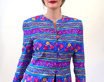 80s Colorful Silk Jacket M, Vintage &quot;Adrianna Papell&quot; Purple Green Floral Striped Baroque Maximalist Shoulder Pads Blazer Top, Medium