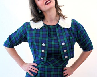 50s Tartan Dress & Jacket Set S M, Vintage Blue Green Plaid Sleeveless Sheath Linen Collar Cropped Bolero MCM Prim Twee Outfit, Small Medium