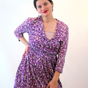 50s Purple Nylon Dress S, Vintage Circle Print Plunging V Neck 60s Pullover Fit and Flare Retro Cute Midi Dress, AS IS, Small