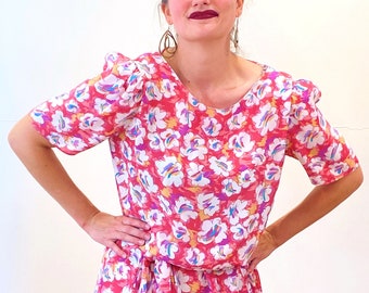 80s Floral Chiffon Dress M, Vintage Pink "Dawn Joy" Puff Shoulder Midi, Medium
