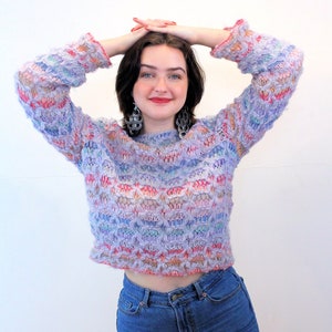 80s Pastel Mohair Sweater M, Vintage Blue Gray Pink Loopy Knit &quot;Bonnie and Bill&quot; Fuzzy Fluffy Soft Pullover Jumper, Medium