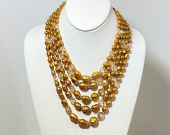 50s Yellow Pearl Necklace, Vintage 5 Strand Japan Heavy Golden Pearl Faceted Glass Crystal Bead Glam 1950s Choker