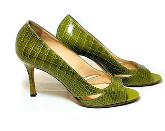 Y2K Manolo Blahnik Green Alligator Pumps 37.5, Vintage Leather