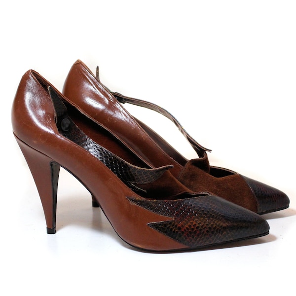 80s Deco Snakeskin Pumps 8 or 8-1/2, Vintage Brown Winged Leather Suede Two Tone "Paco Vera by Poppies" Shoes Women's Spike Heels