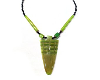 70s Green Tribal Pendant Necklace, Vintage Lucite Arrowhead Egyptian Revival Geometric Pendant on Beaded Choker