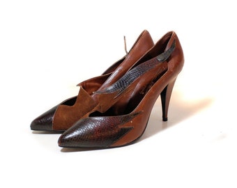 80s Winged Snakeskin Pumps 8 or 8-1/2, Vintage Brown Leather Suede Two Tone Deco "Paco Vera by Poppies" Shoes Women's Spike Heels