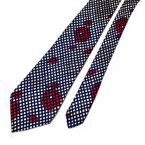 80s Mod LANVIN Silk Tie, Vintage Navy Blue Red Tan Geometric Print Paris Designer Bold Menswear Necktie