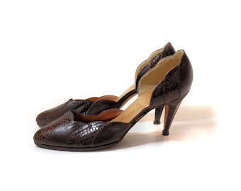 80s Snakeskin D'Orsay Pumps 8N, Vintage Brown Italian Leather "Stanley Philipson" High Heels, 8 Narrow