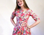 60s Pink Floral Wiggle Dress XS, Vintage Party Peony Roses Pattern Flirty Chic Polished Cotton Cocktail Mini, Extra Small