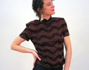 90s Beaded Silk Top S, Vintage Dark Aubergine "Emma Black" India Chevron Striped Glam Party Blouse, Small