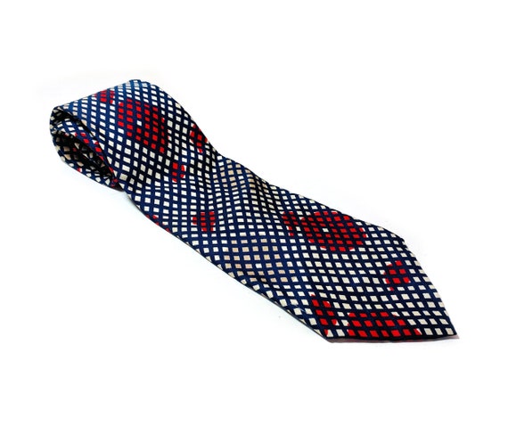 80s LANVIN Silk Tie, Vintage Navy Blue Red Tan Ge… - image 3