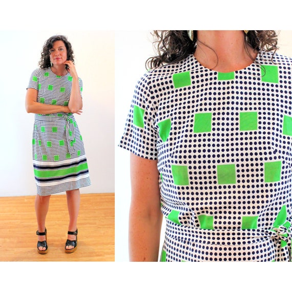 70s Mod Squares Print Dress M, Vintage Green Navy Polka Dot Geometric Retro  rawson Square Op Art Belted Nylon Jersey Dress, Medium -  Canada