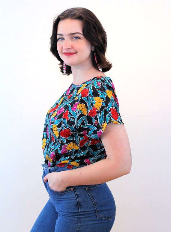 80s Jewel Tone Floral Top M, Vintage Black Pink T… - image 4