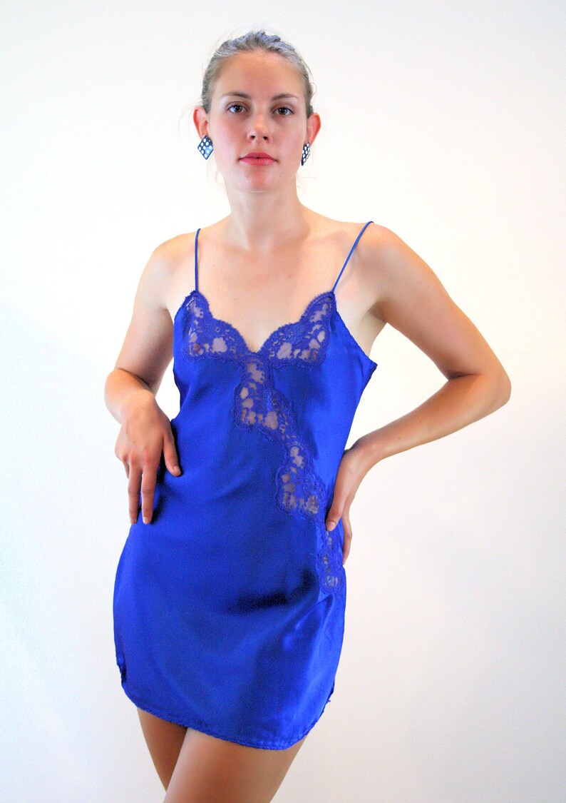 80s Cobalt Blue Babydoll Nightie S Peekaboo Sheer Lace Silky | Etsy