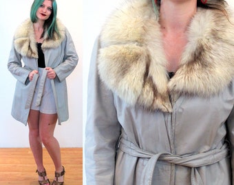 70s Fox Fur Collar Leather Coat S, Vintage Gray Leather Silver Fox Belted Mod "Peter Caruso" Penny Lane Style Hippie Coat, Small