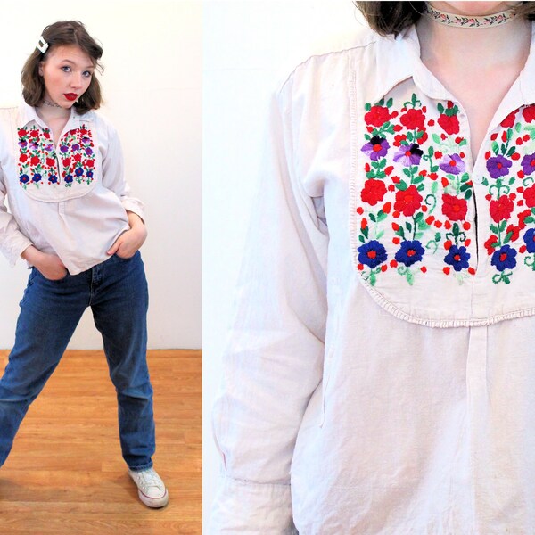 60s Embroidered Mexican Blouse S XS, Vintage Cream Muslin Floral Embroidery Henley Shirt, Boho Folk Mexico Hippie Top, Small Petite