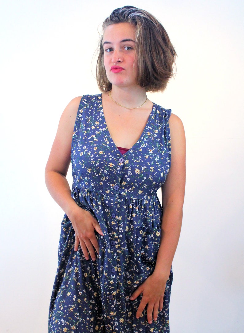 90s Floral Sundress M, Vintage Blue Rayon Erika Petites Sleeveless Boho Casual Summer Midi Dress, Medium image 5