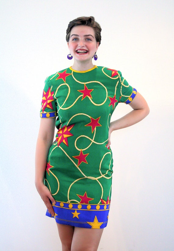 80s Silk Star Print Dress M, Vintage Green Bright… - image 5